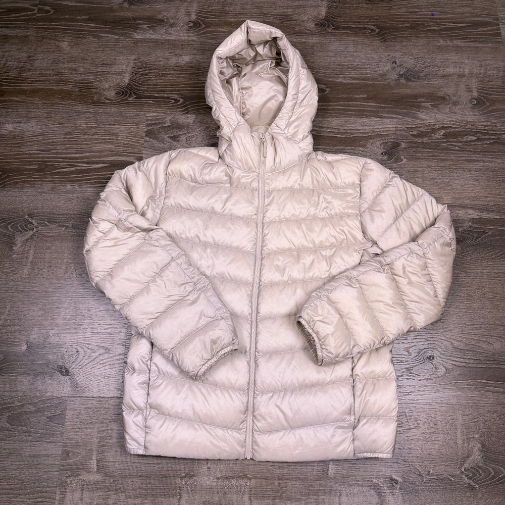 Uniqlo Ultra Light Down Puffer Jacket Men Large Beige Hooded Quilted Full Zip